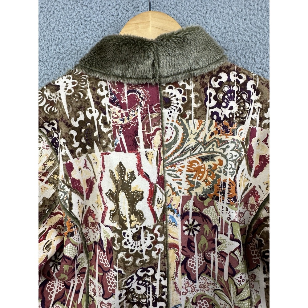 Chico's Vintage Paisley Print Faux Fur Lined Coat Jacket Boho Art To Wear Size 1 - Picture 5 of 11